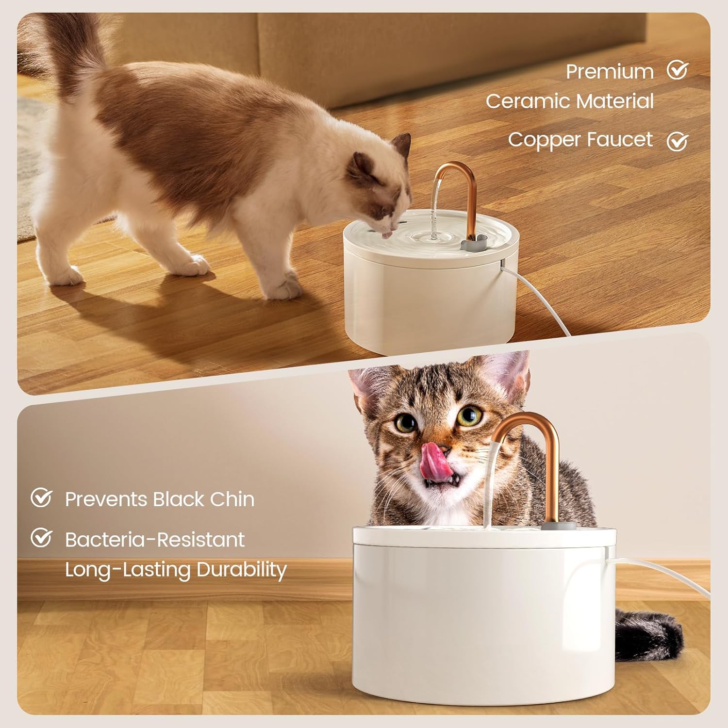 Ceramic Cat Water Fountain - 2.1L/71oz - All-Ceramic Body & Pure Copper Water Spout - Non-Toxic - Automatic Pet Drinking Fountain Indoor with Ultra-Quiet Pump, and 3Pcs Filter & Sponge (White)