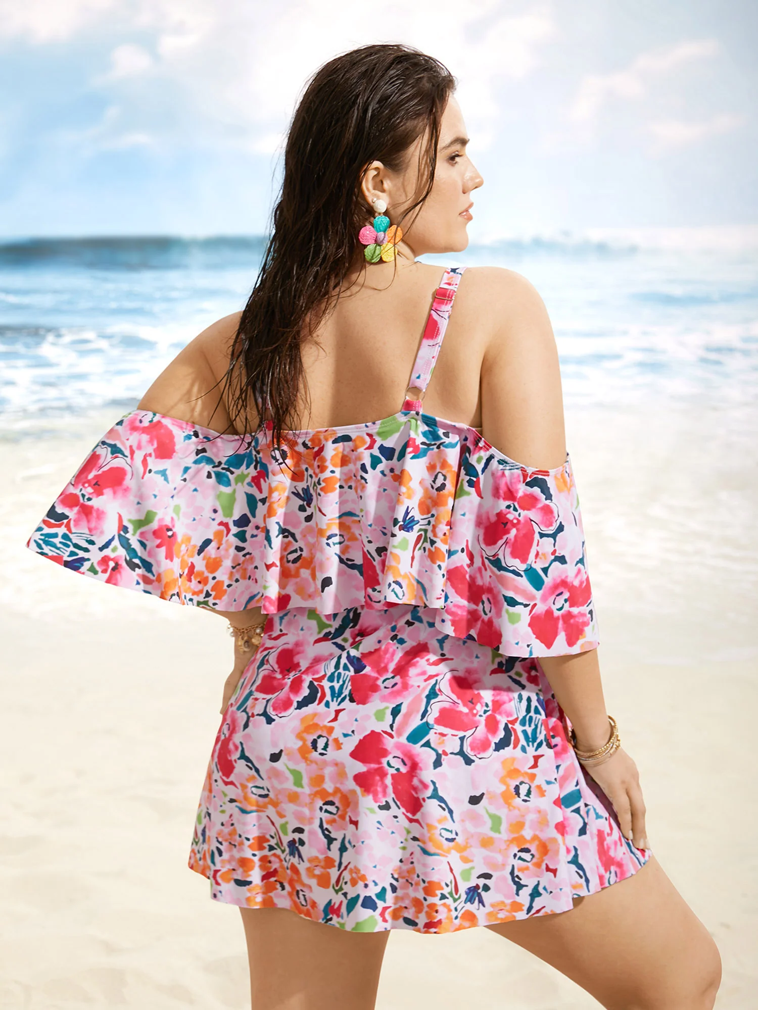 Tropical Adjustable Straps Cold Shoulder Ruffles Trim Swim Dress