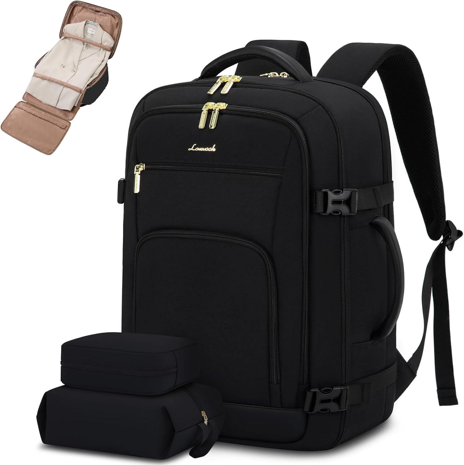 LOVEVOOK Travel Backpack For Women, 40L Carry On Backpack Flight Approved, TSA Personal Item Travel Bag Fits 17 Inch Laptop, Business Weekender Overnight Waterproof Daypack With 2 Cubes, Grey-Pink