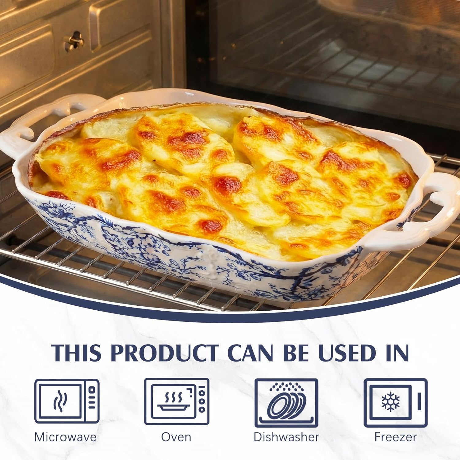 Vintage Casserole Dish 7.3 x 11.8, Ceramic Baking Dish with Oil Drip Rack, 1.26 Qt Blue and White Roasting Pan with Double Handles, Oven Safe and Durable for Baking, Lasagna, Wedding Gift