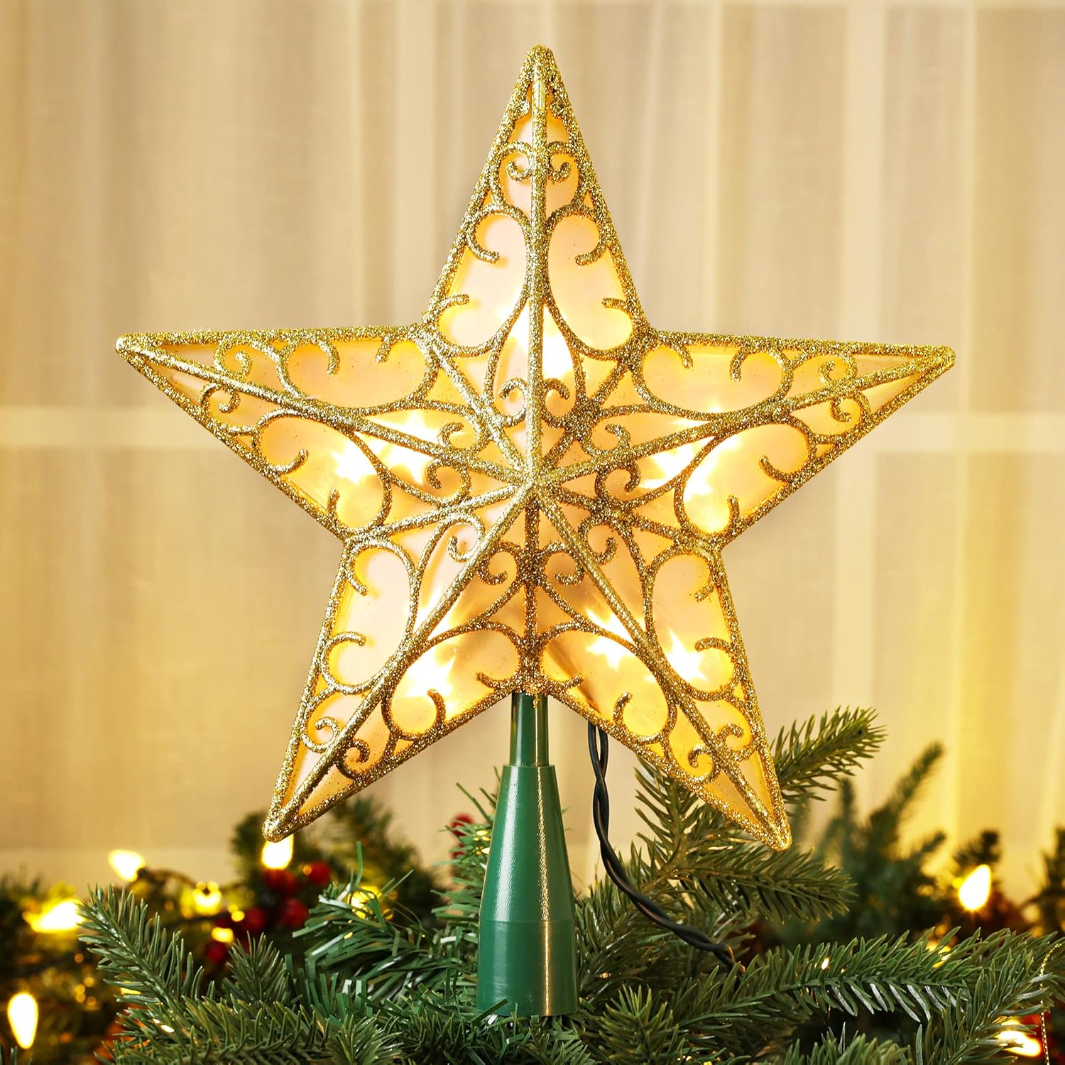 Brizled 9.5” Christmas Star Tree Topper, Glittered Silver Treetop, 3D Christmas Tree Topper with 10 Lights, UL Certified Lighted Xmas Star Topper for Xmas Holiday Home Decorations