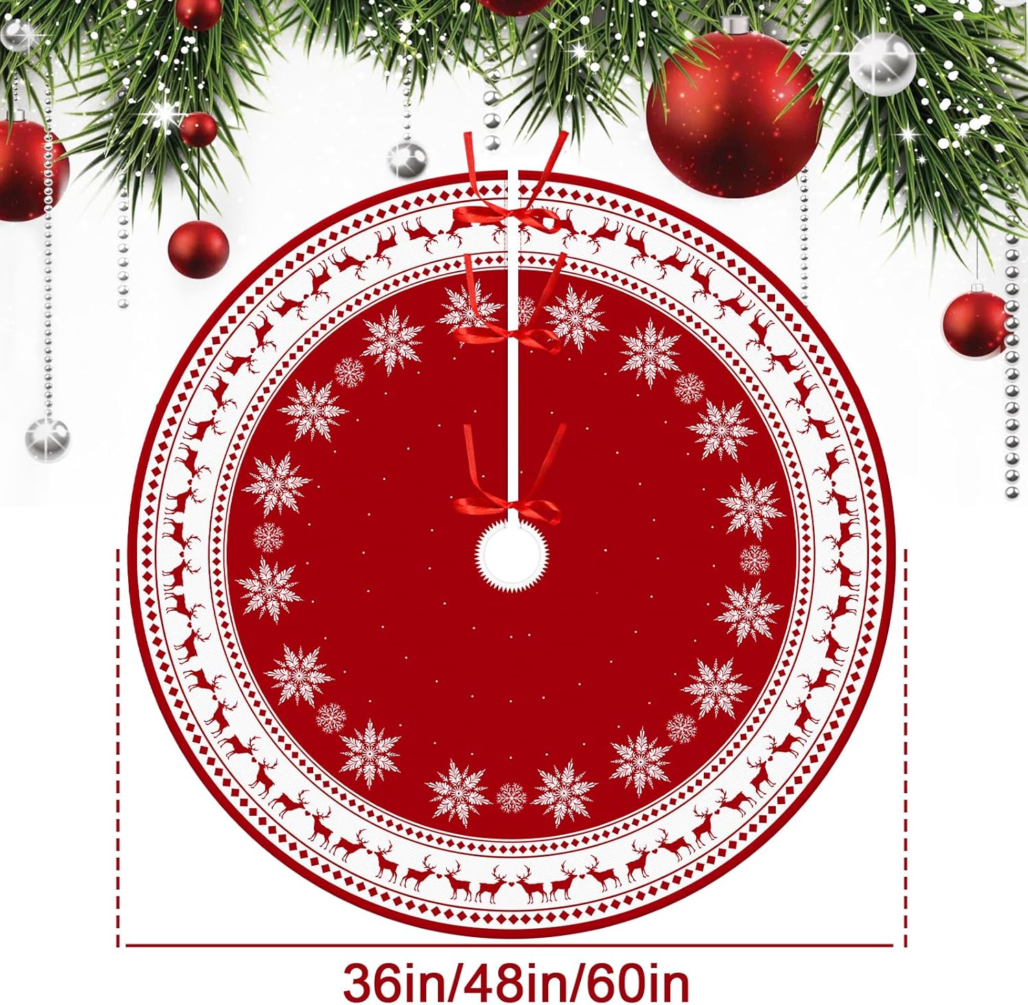Christmas Tree Skirt 48 inch Large Tree Skirt Snowflake Reindeer Red Xmas Tree Skirt Rustic Christmas Tree Mat Decorations for Winter New Year Holiday Party Decor Indoor Outdoor (Santa, 48inch)