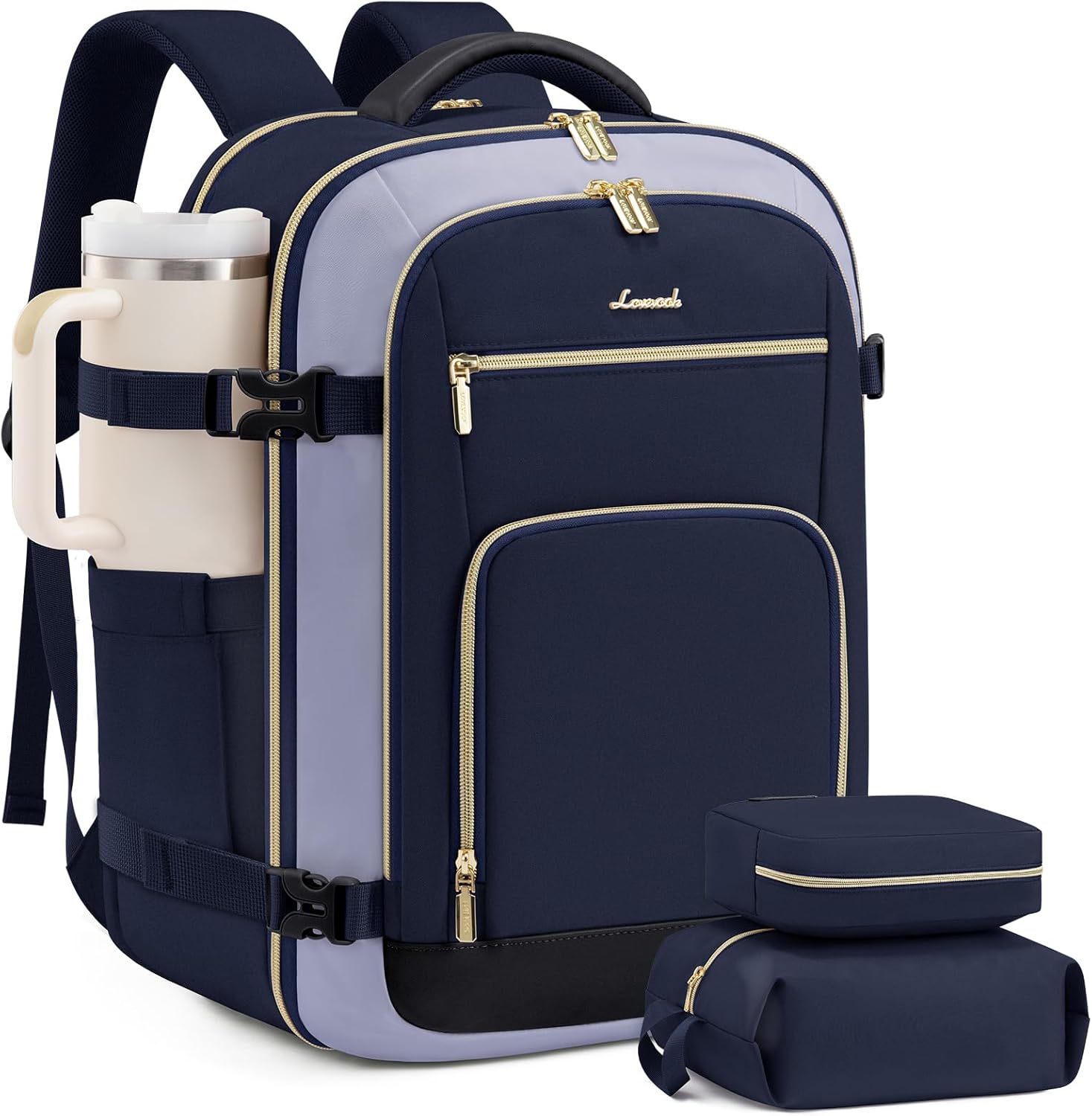 LOVEVOOK Travel Backpack For Women, 40L Carry On Backpack Flight Approved, TSA Personal Item Travel Bag Fits 17 Inch Laptop, Business Weekender Overnight Waterproof Daypack With 2 Cubes, Grey-Pink