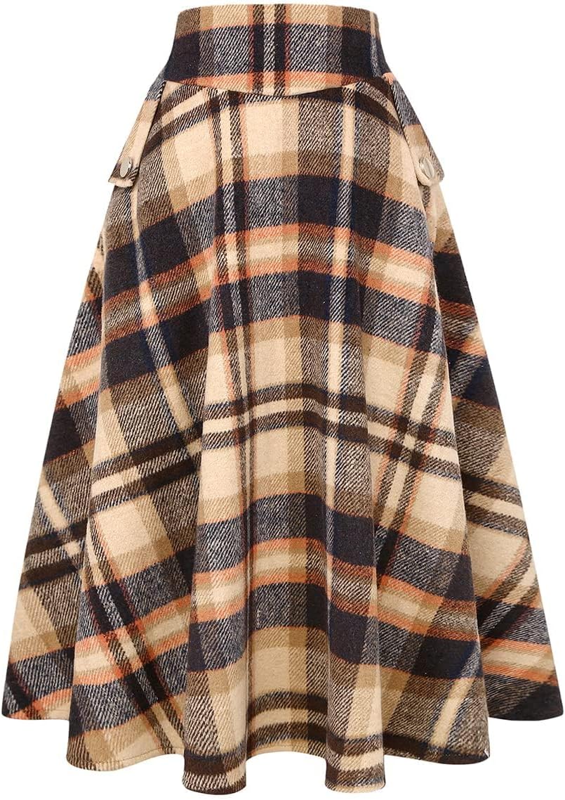 IDEALSANXUN Women’s Fall Winter High Waisted Wool Plaid A-line Long Skirt