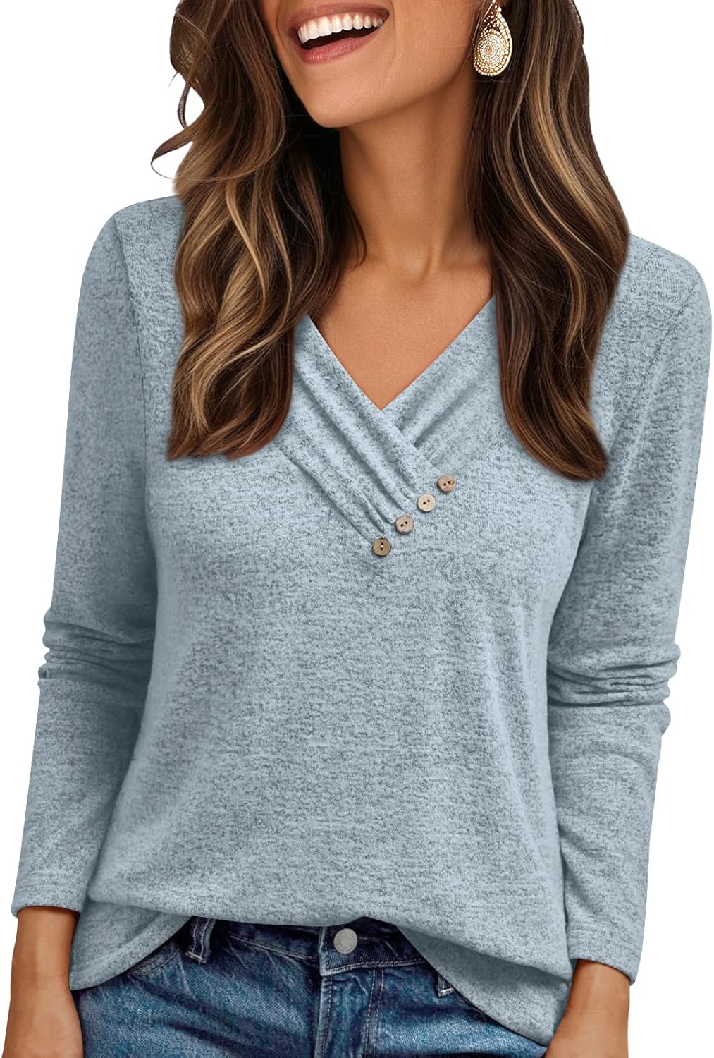 AUTOMET Womens Long Sleeve Tunic Top V Neck Button Shirts 2026 Dressy Casual Business Blouses