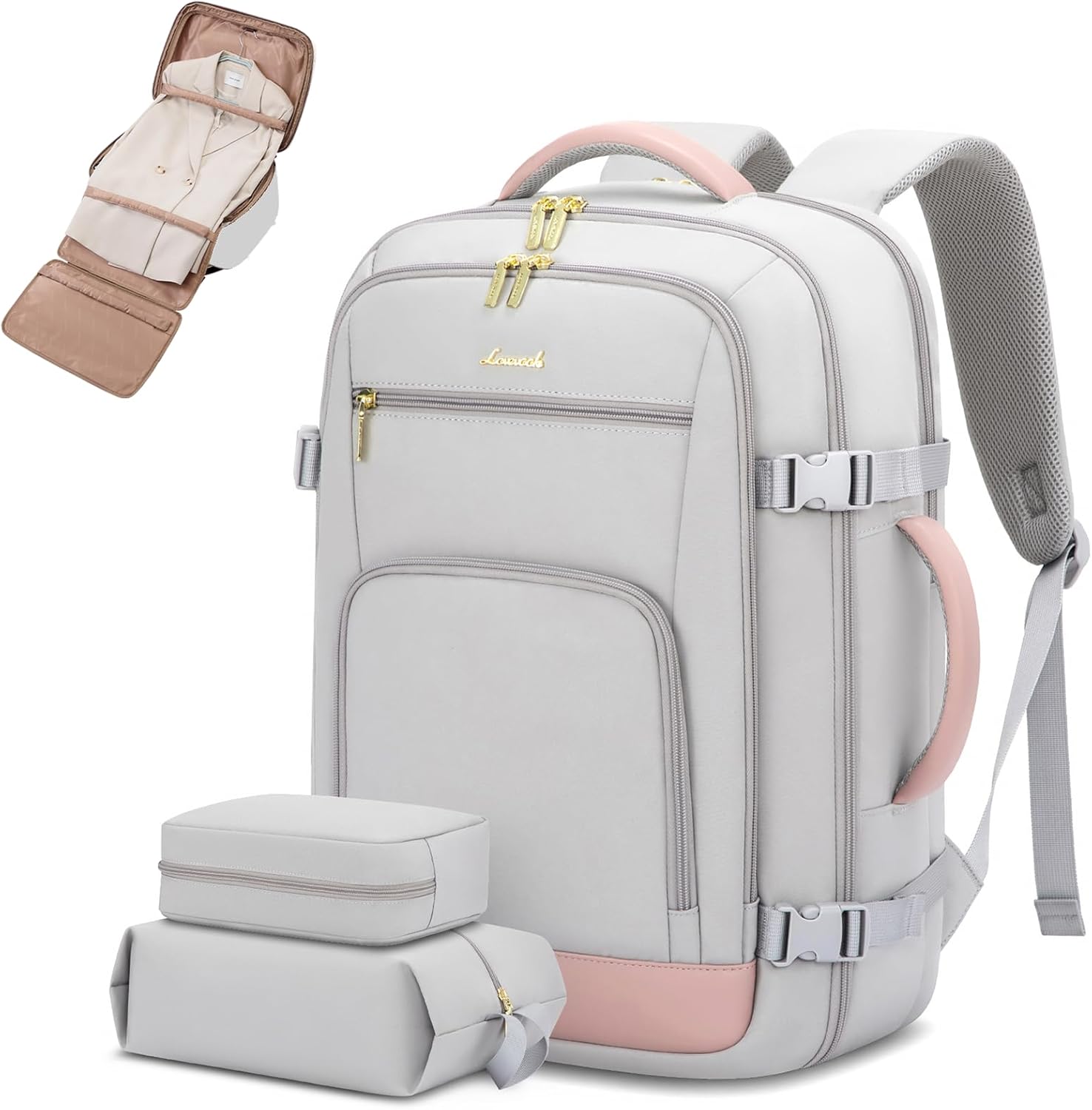 LOVEVOOK Travel Backpack For Women, 40L Carry On Backpack Flight Approved, TSA Personal Item Travel Bag Fits 17 Inch Laptop, Business Weekender Overnight Waterproof Daypack With 2 Cubes, Grey-Pink