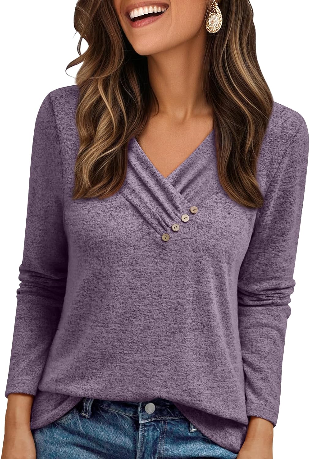 AUTOMET Womens Long Sleeve Tunic Top V Neck Button Shirts 2026 Dressy Casual Business Blouses