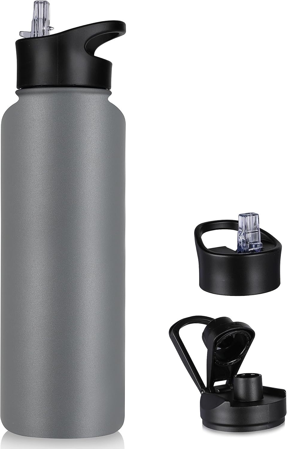 40 oz Insulated Water Bottle with Straw, Stainless Steel Sports Water Bottles with 2 Lids (Straw and Wide Mouth lid), Double Wall Vacuum, Leakproof, BPA-Free, Black