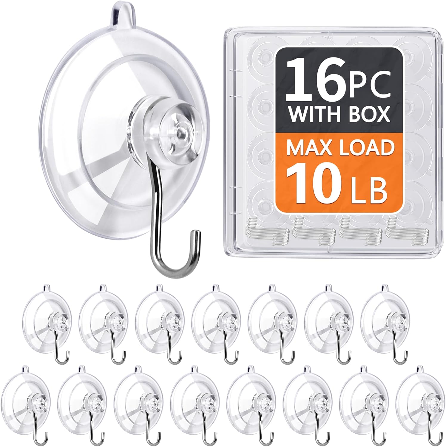 KORCCI Suction Cup Hooks 12Pack - Max Load 10LB, 1.77Inch Clear Medium Suction Cups, No Trace, Reusable & Removable, Stainless Steel Hooks, for Tile, Glass, Window, Shower, Kitchen, Bathroom