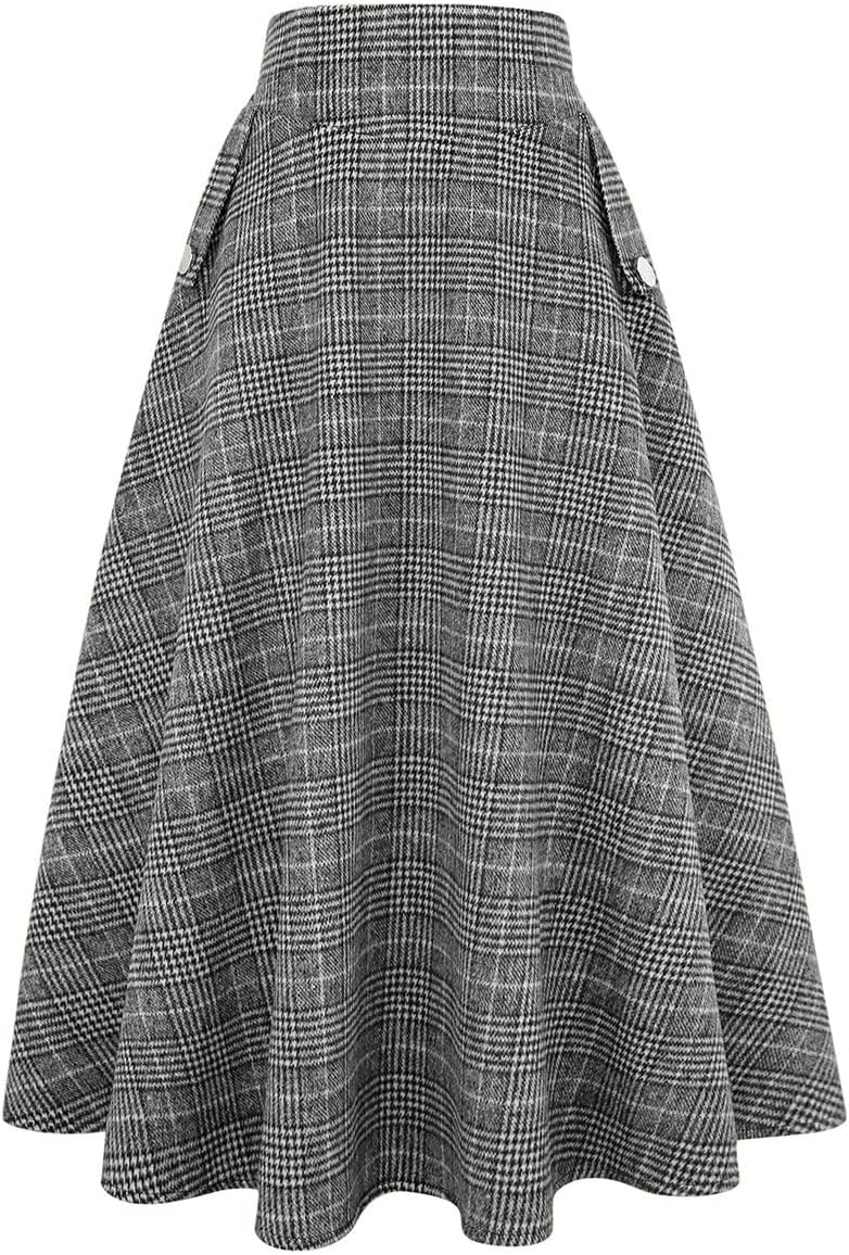IDEALSANXUN Women’s Fall Winter High Waisted Wool Plaid A-line Long Skirt
