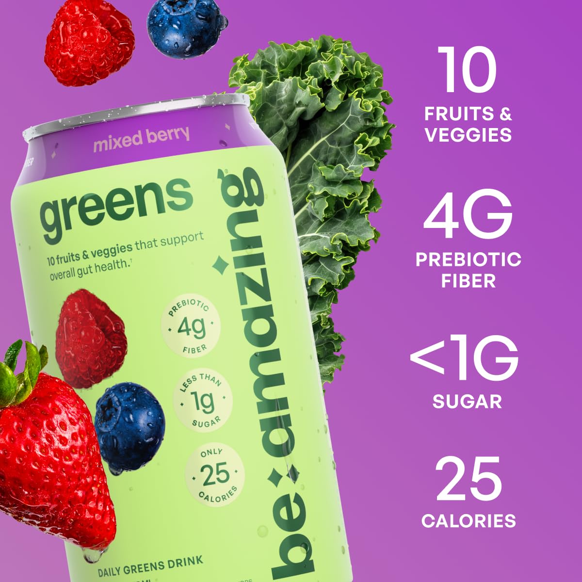 Be Amazing Greens Drink, Mixed Berry, Vitamin Drinks With 10 Organic Fruits and Vegetables, Coconut Water, Vitamin C, and Prebiotic Fiber, 25 Calories, Low Sugar, Vegan and Gluten Free, 8 Pack