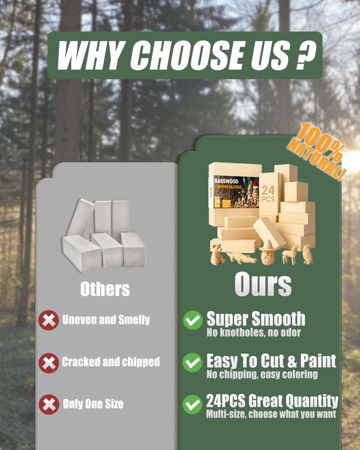 Basswood Carving Blocks 24PCS: Whittling Wood Blocks Wood Carving Kit with 3 Different Sizes - Soft Woodworking Blanks for Crafts Beginners Kids Adults