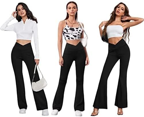Women's Flare Leggings with Pockets Crossover High Waisted Bootcut Yoga Pants Tummy Control Bell Bottom Leggings