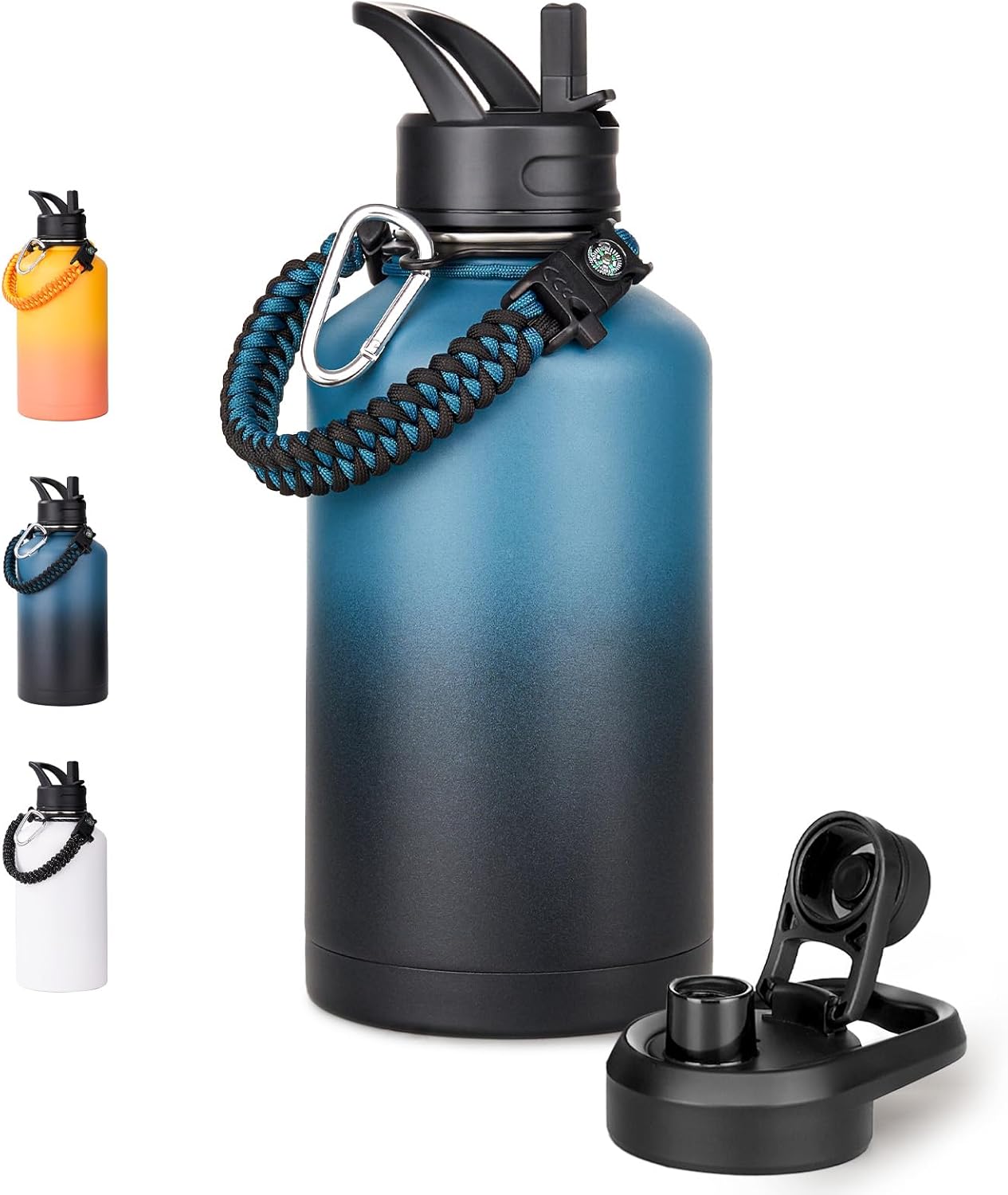 24 oz Insulated Water Bottle with Handle, 304 Stainless Steel Water Bottles with Wide Mouth, Double Wall Vacuum Sports Water Bottle, BPA Free, Keep Cold and Hot, Blue&Black