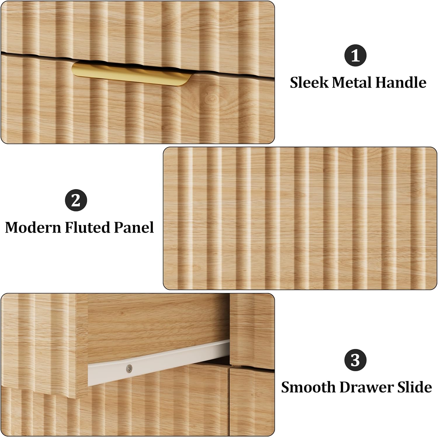 Fluted Nightstand with 3 Drawers, 30