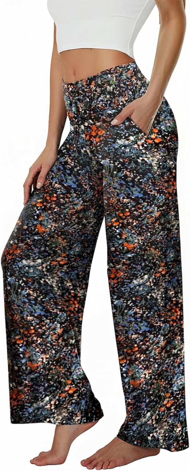 TNNZEET 3 Pack Women's Wide Leg Pants with Pockets - Casual Loose Yoga Trouser Pants Sweatpants Palazzo Lounge Pajama Pants