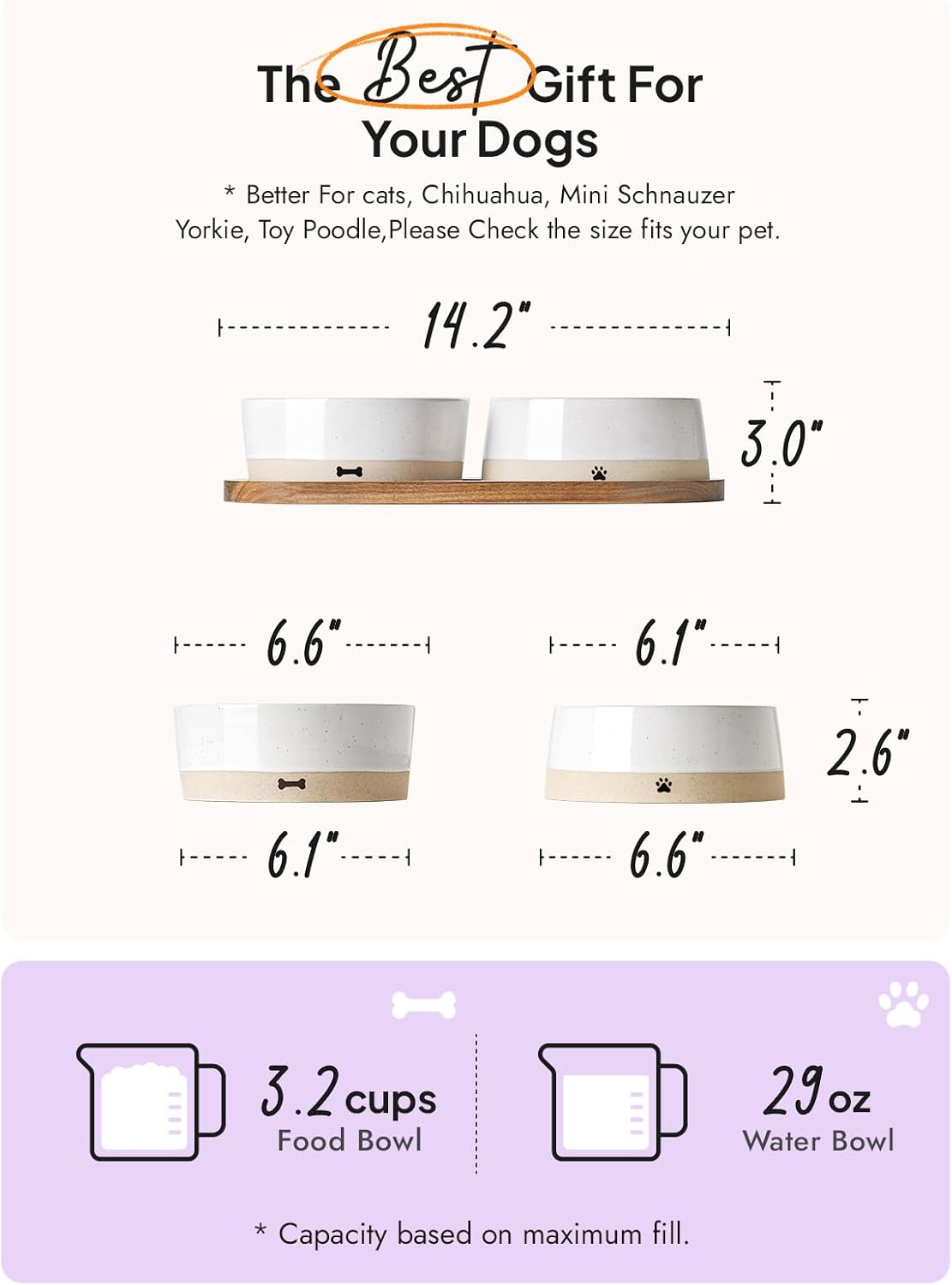 LE TAUCI PET Ceramic Dog Bowls for Medium Small Dogs - 3.2 Cup Medium Dog Food and Water Bowls with Acacia Wood Tray, Dual Food and Water Bowls with Weighted Non-Slip Base