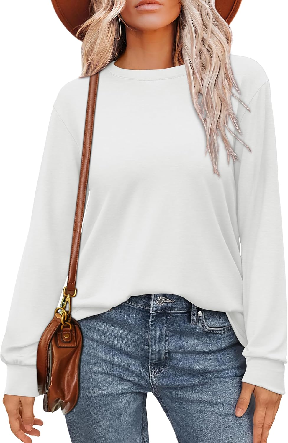 WIHOLL Womens Long Sleeve Shirts Loose Fits Fall Outfits Basic Casual Tunic Tops Crewneck Clothes