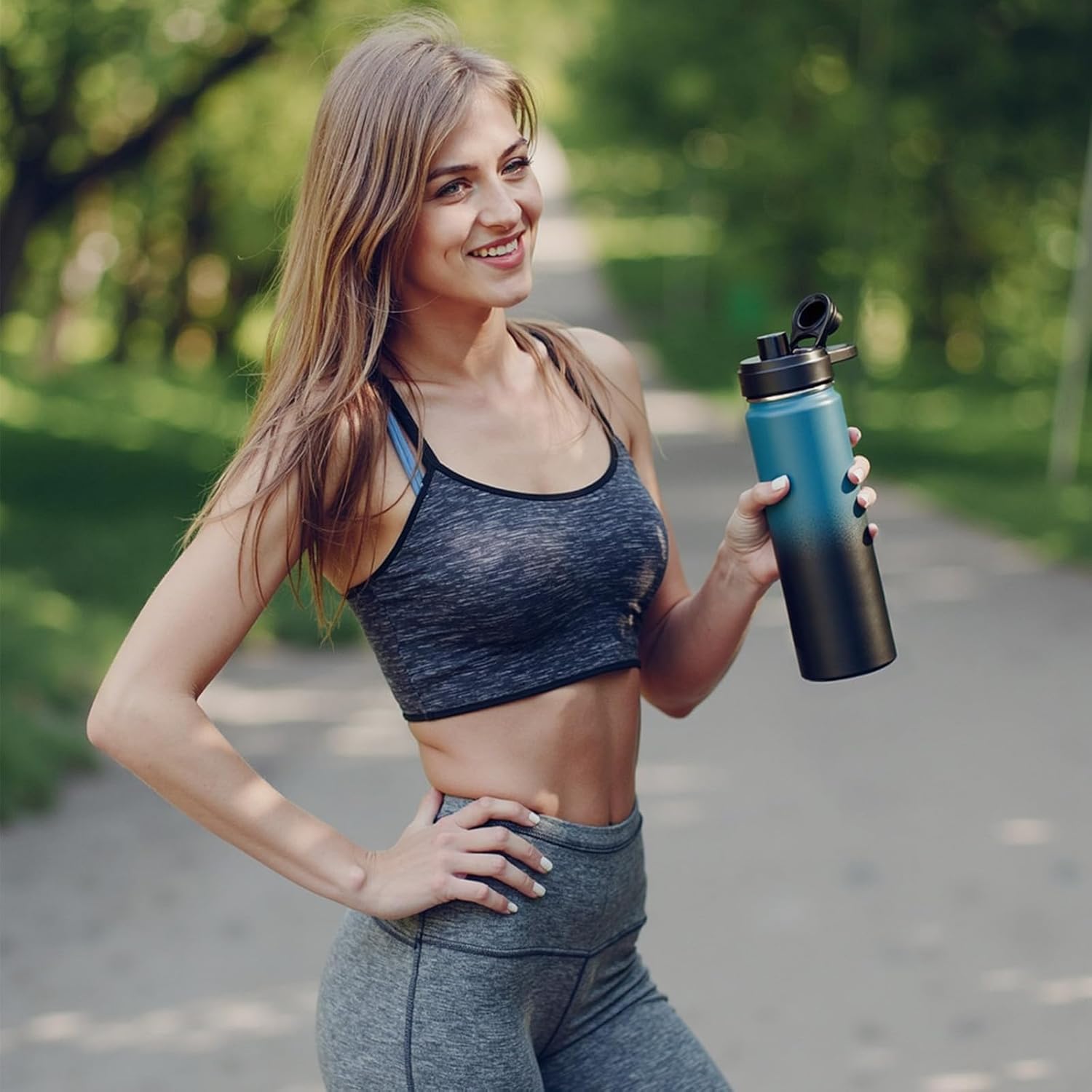 24 oz Insulated Water Bottle with Handle, 304 Stainless Steel Water Bottles with Wide Mouth, Double Wall Vacuum Sports Water Bottle, BPA Free, Keep Cold and Hot, Blue&Black