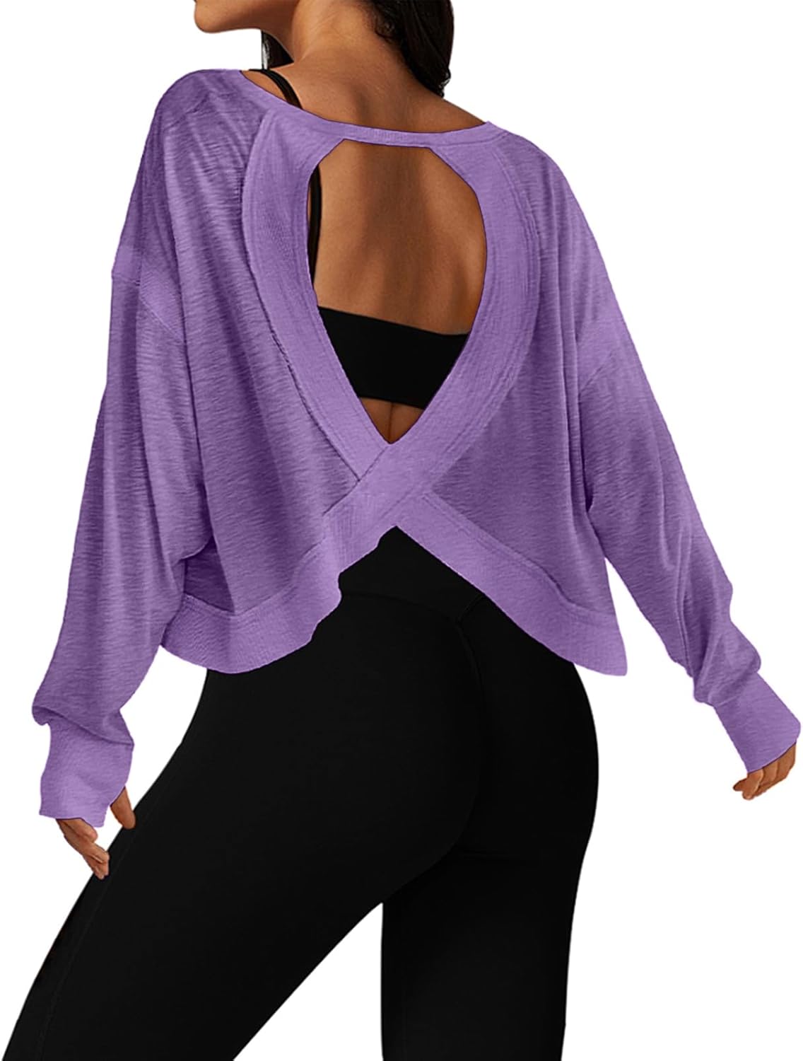 UNIANKIYA Open Back Workout Tops for Women Long Sleeve Cropped Athletic Clothes Gym Running Yoga Low Impact Sports T Shirts