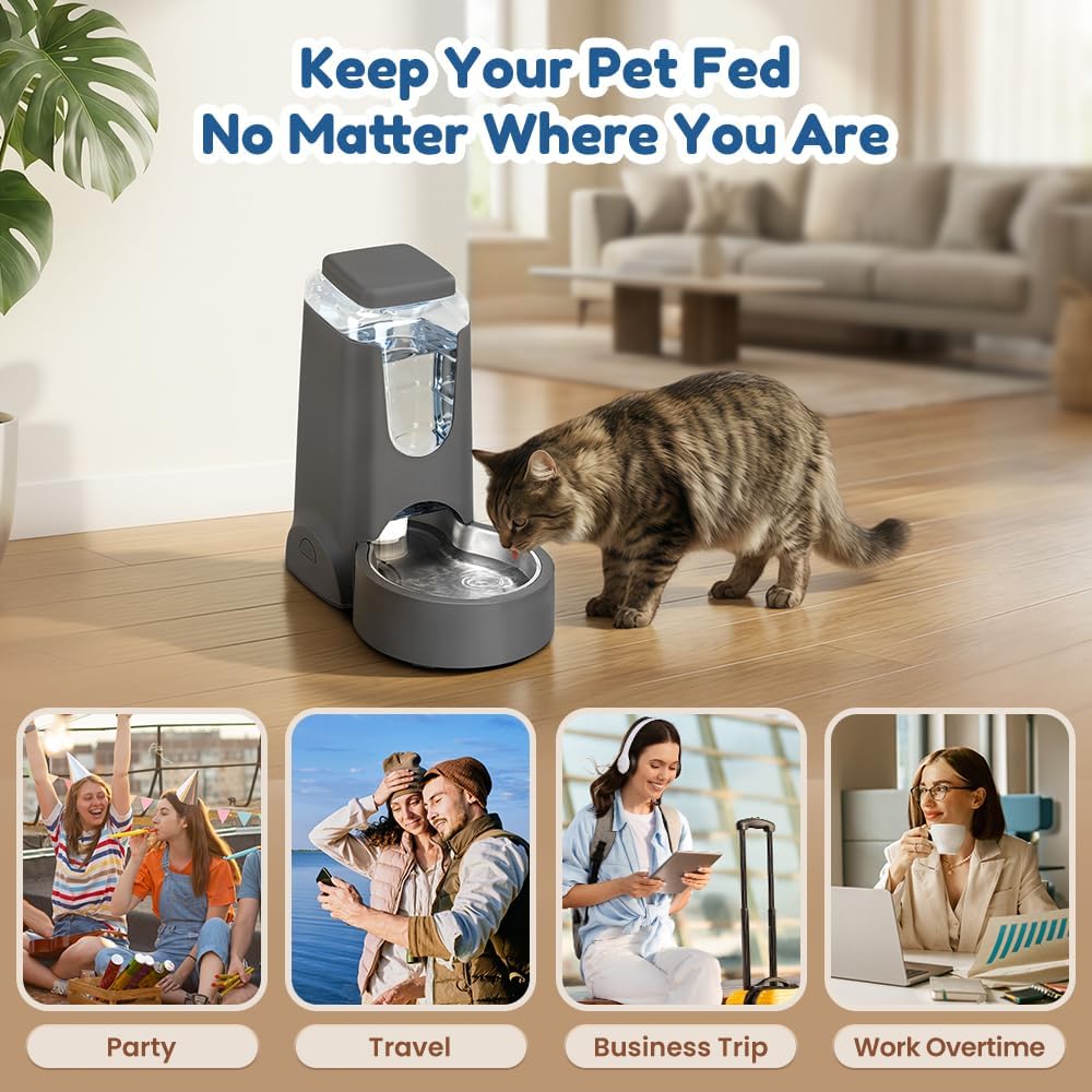1 Gallon Automatic Cat Feeder Gravity Stainless Steel Water Dispenser Dog Feeder for Small Medium Puppy Kitten Pets Water Feeding Bowls, Gray