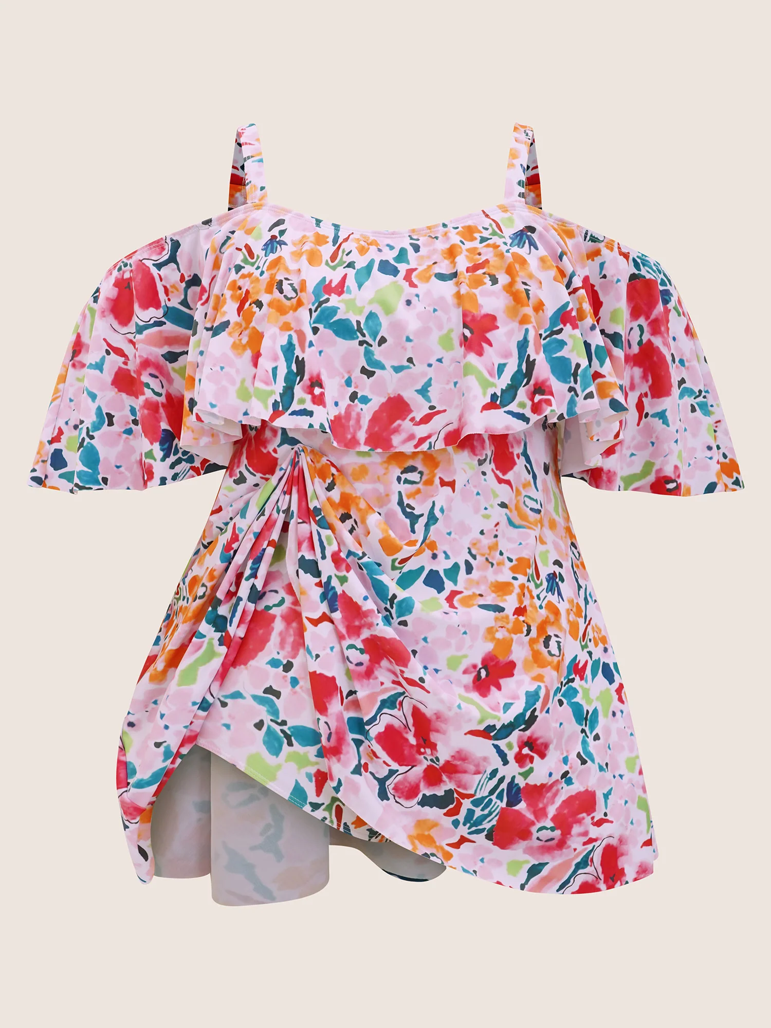 Tropical Adjustable Straps Cold Shoulder Ruffles Trim Swim Dress