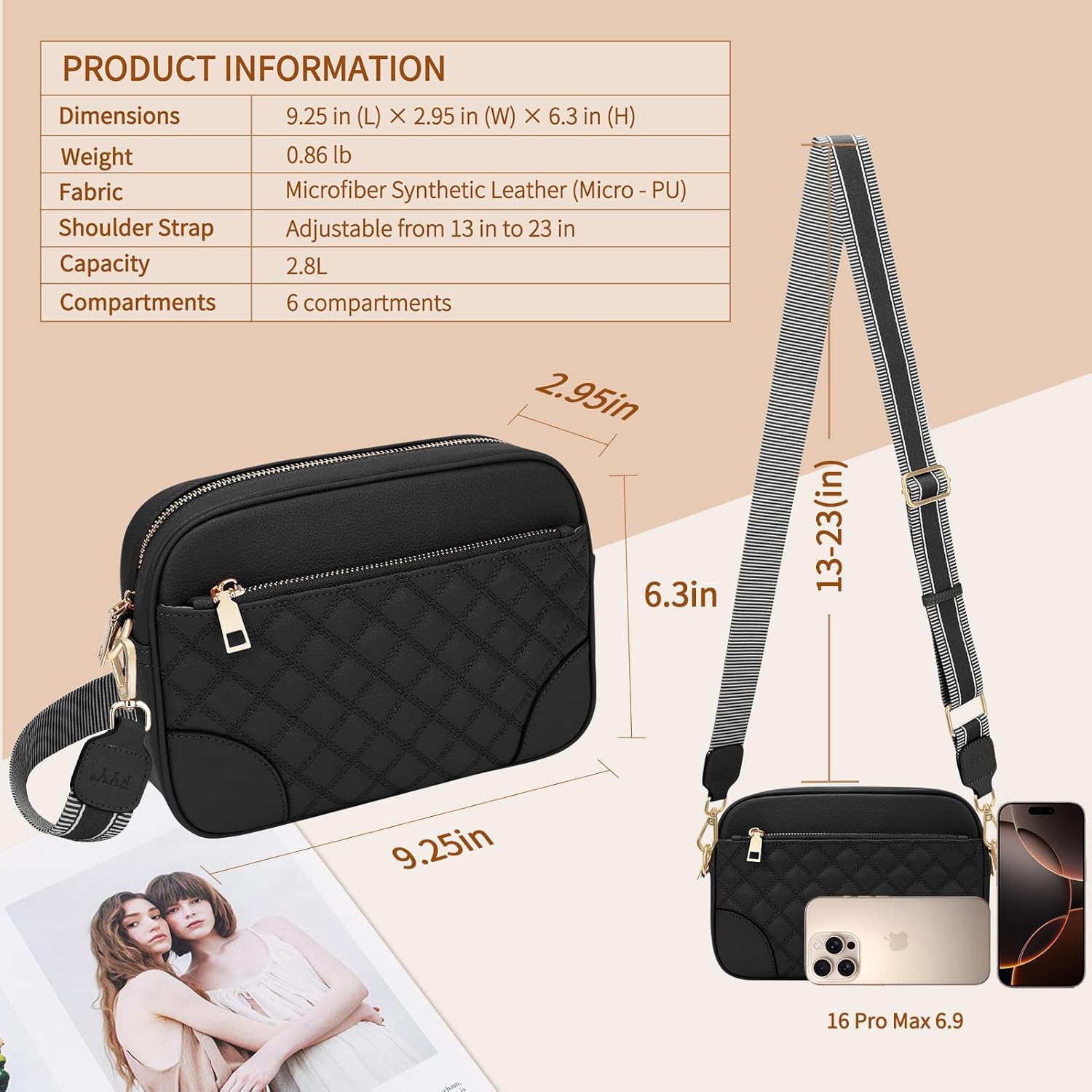 FYY Small Crossbody Bags for Women Quilted Vegan Leather Crossbody Purses for Women Travel with Adjustable Shoulder Strap