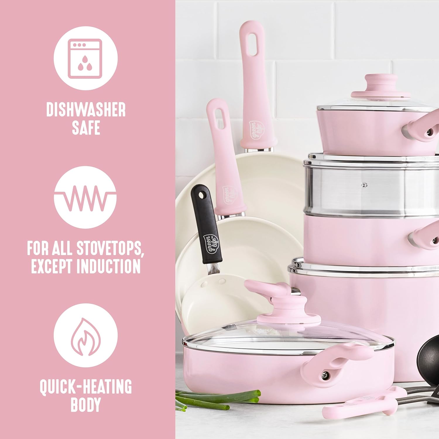 GreenLife 16 Piece Nonstick Cookware Set, Soft Grip Non-Toxic PFAS-Free Ceramic Pots & Pans, Dishwasher & Oven Safe, Frying, Sauce, Saute, Utensils, Glass Lids, Stay-Cool Handles, Wobble Free, Pink