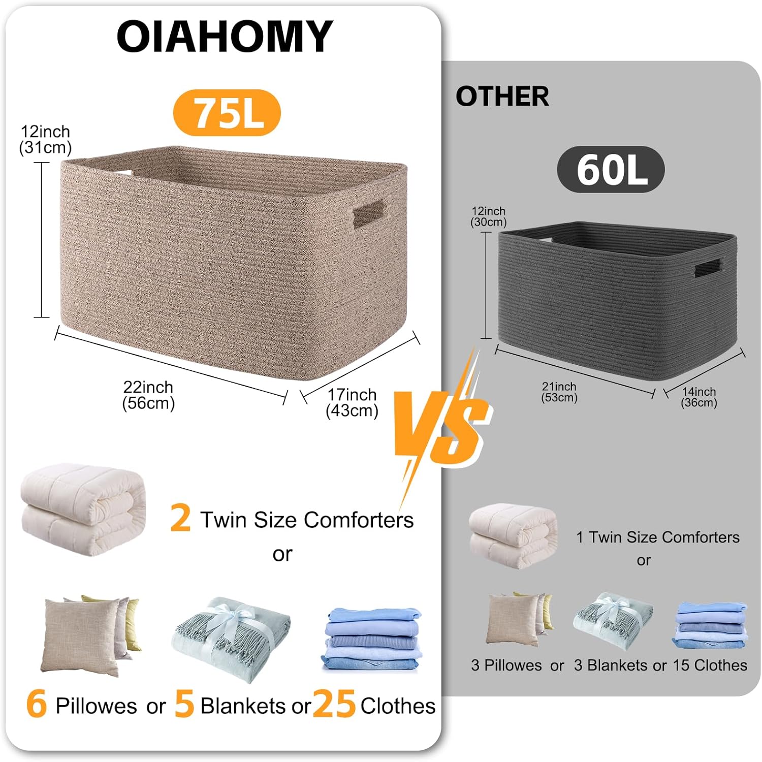 OIAHOMY 75L Large Woven Cotton Rope Storage Basket with Handle for Organizing Blanket and Toys for Living Room, Nursery, Brown Variegated 22”x17”x12”