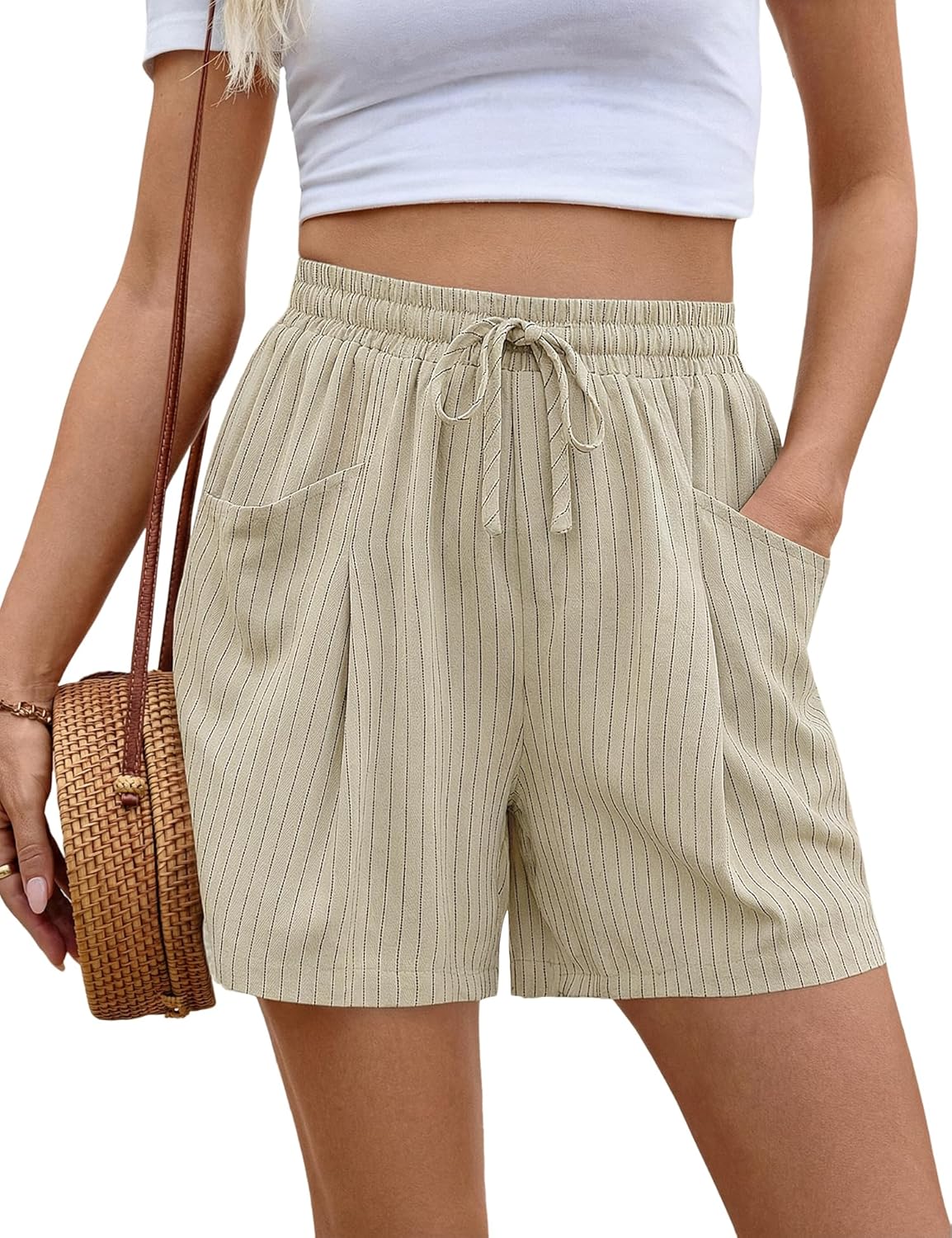 AKEWEI Linen Shorts Women Casual Wide Leg High Waisted Summer Pants Comfy Elastic Waist Drawstring Shorts with Pockets