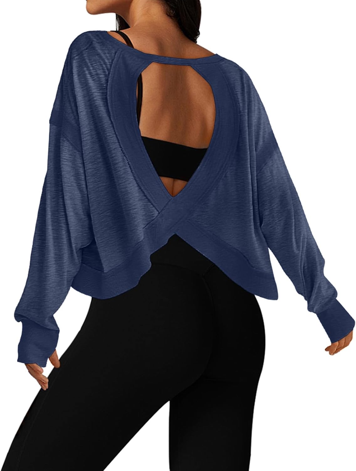 UNIANKIYA Open Back Workout Tops for Women Long Sleeve Cropped Athletic Clothes Gym Running Yoga Low Impact Sports T Shirts
