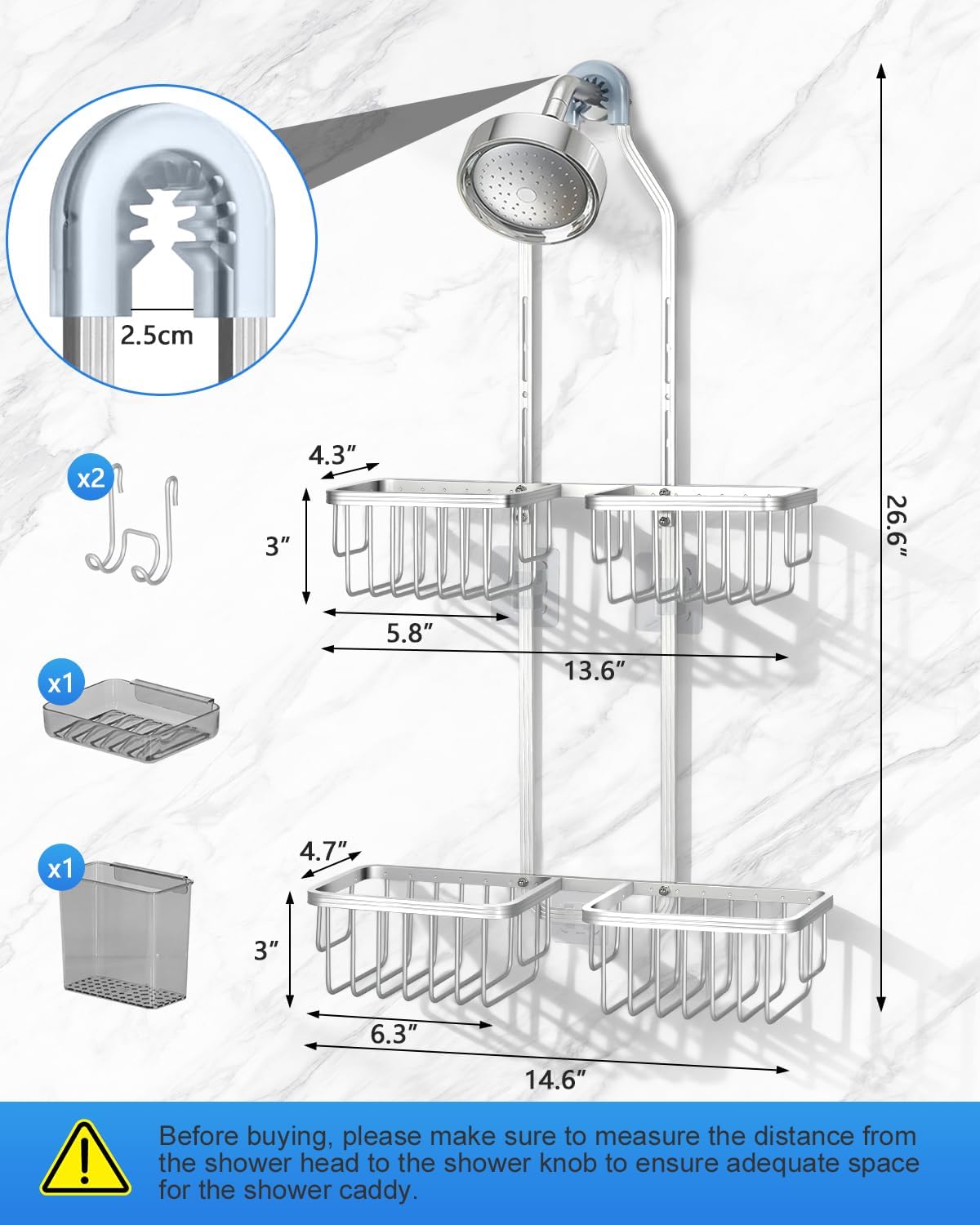 Adjustable Shower Caddy Hanging for Handheld Showerheads - Upgraded Never Rust Shower Hanging Organizer, Bathroom Shower Rack with Soap Basket, Hooks and Toothbrush Holder (Shiny Silver)