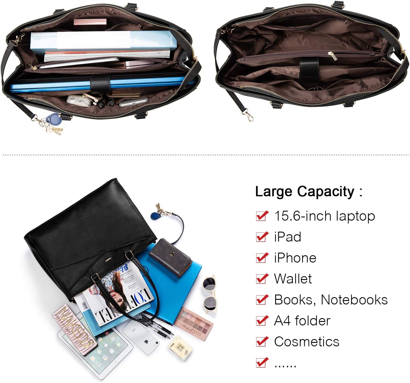 LOVEVOOK Laptop Tote Bag for Women 15.6 Inch Waterproof Leather Computer Bags Business Office Work Briefcase Black