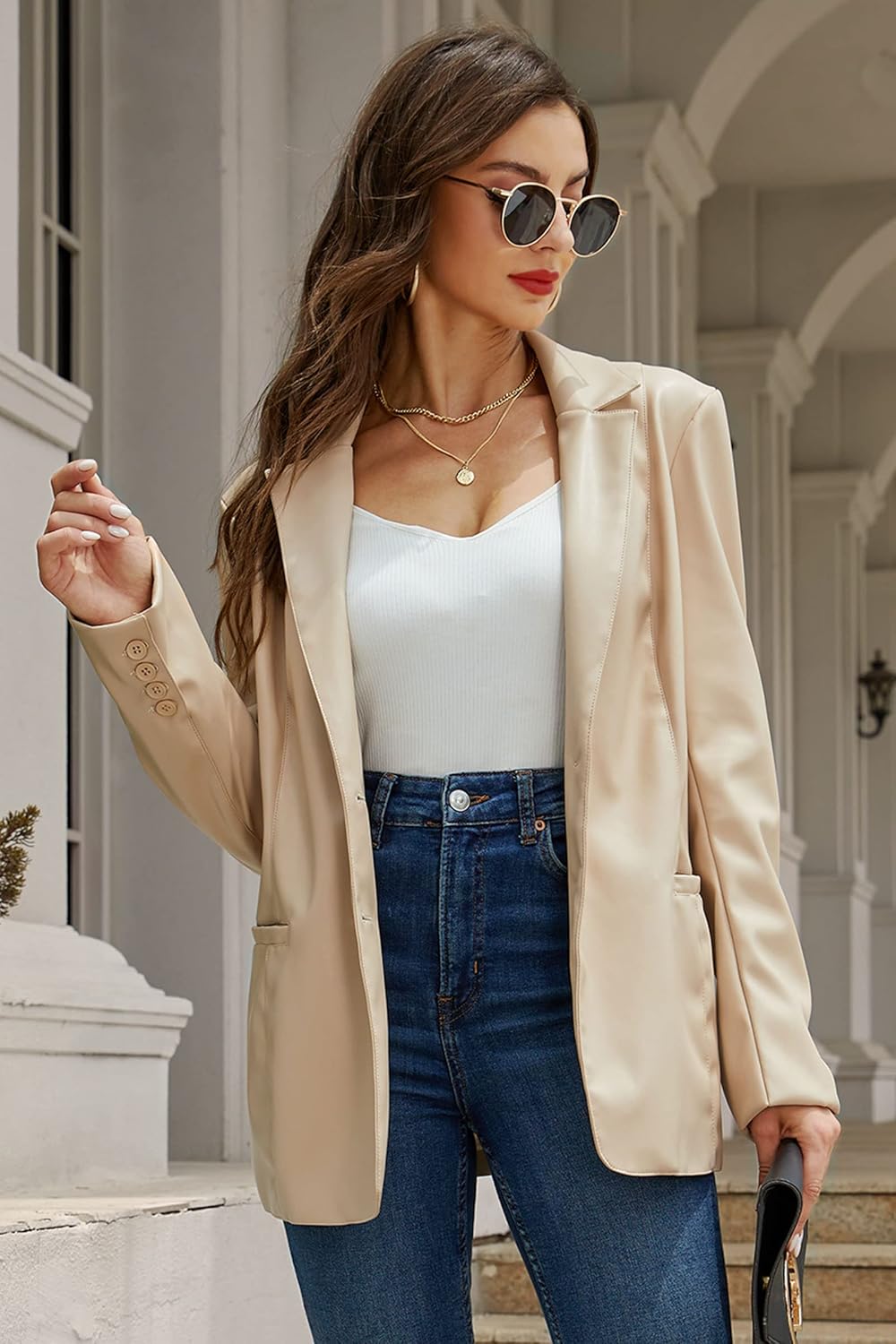 RISISSIDA Women Faux Leather Blazer Jacket,Spring Fall Vegan Pleather Soft Casual Lapel Button Down Coat