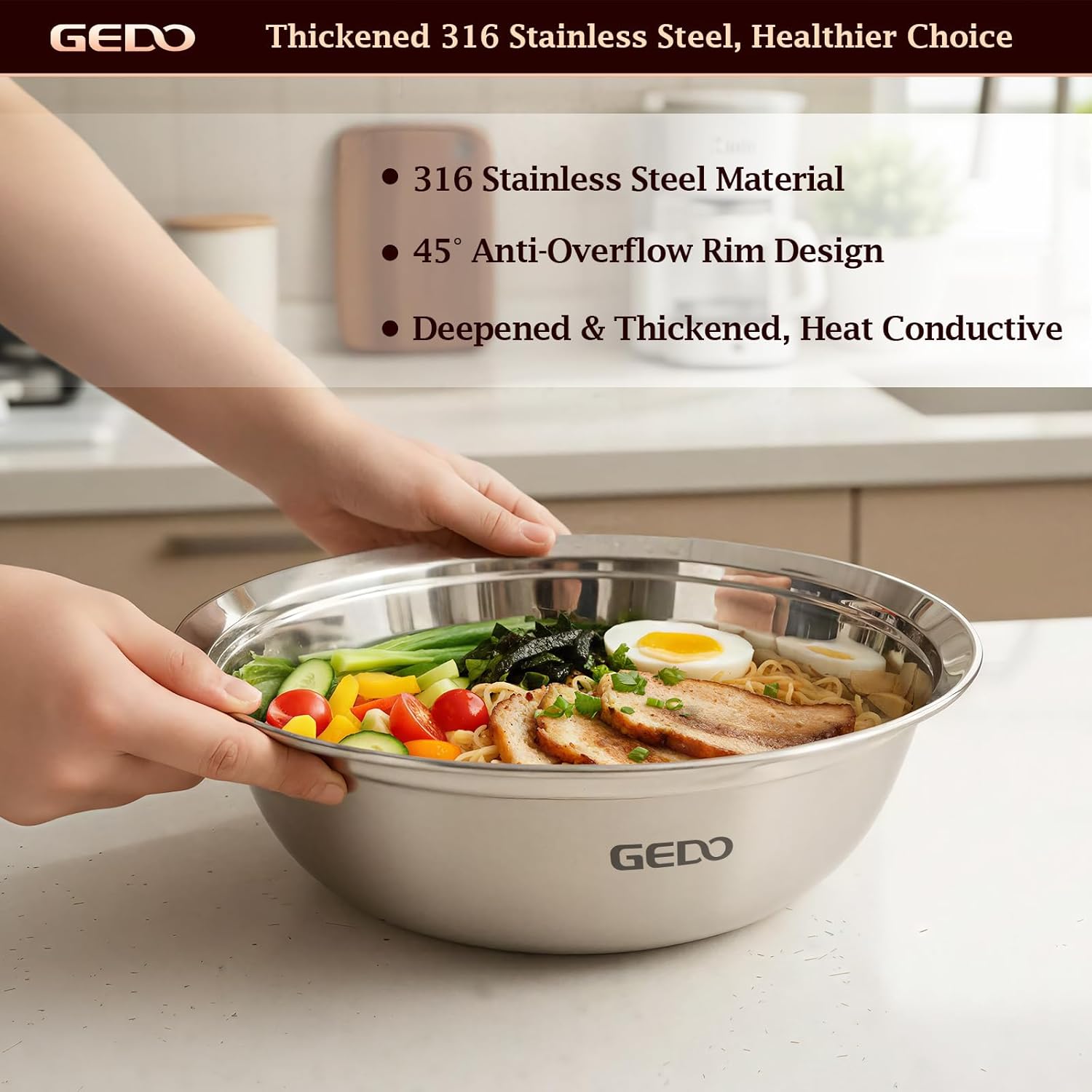 GEDO Stainless Steel 4 Piece Mixing Bowls Set, SUS316 Metal Nesting Bowls, Silver, Kitchen Food Prep Serving Bowls (7.07/8.64/10.21/11.79 in)
