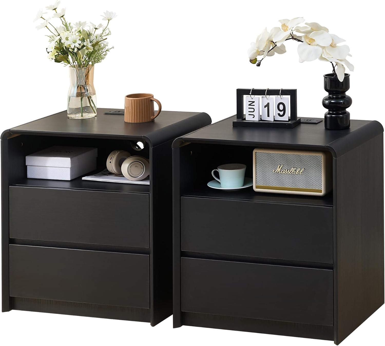 Modern Nightstand for Bedroom,Black Nightstand,2 Storage Drawers Side Table,21.6