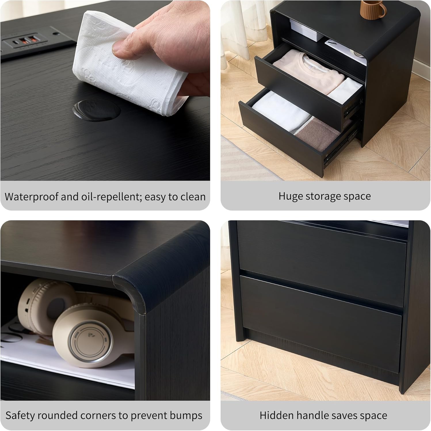 Modern Nightstand for Bedroom,Black Nightstand,2 Storage Drawers Side Table,21.6