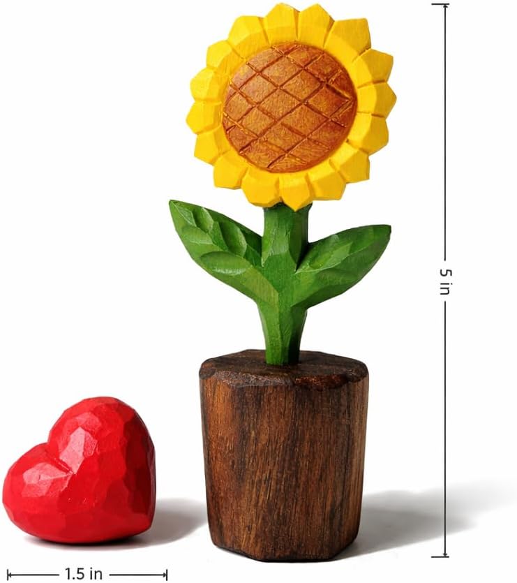 Hand-Carved Wooden Flower with Red Heart - Handcrafted Everlasting Wood Sculpture - 5th Anniversary, Valentine's Day, Birthday Gift for Her - Gift Box Included (Yellow Sunflower)