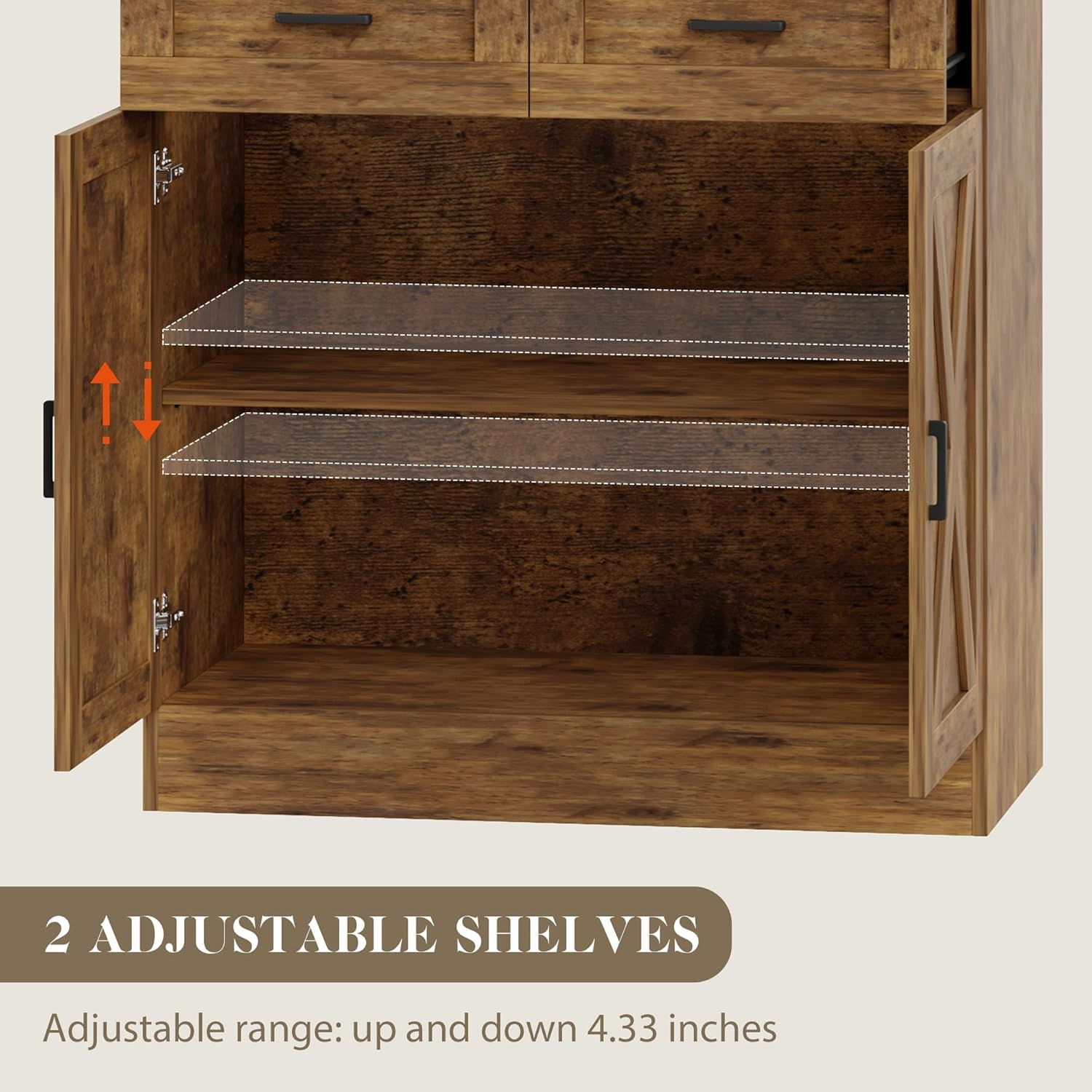 71“ Kitchen Pantry Storage Cabinet, Kitchen Hutch with Microwave Stand and Adjustable Shelves Freestanding Cupboard for Dining Living Room, Brown