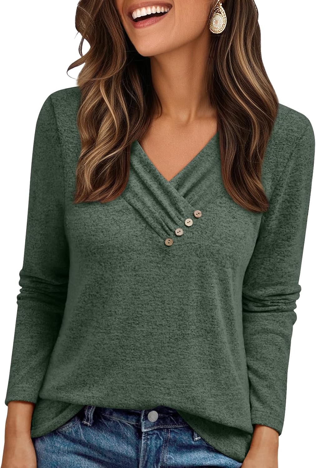 AUTOMET Womens Long Sleeve Tunic Top V Neck Button Shirts 2026 Dressy Casual Business Blouses