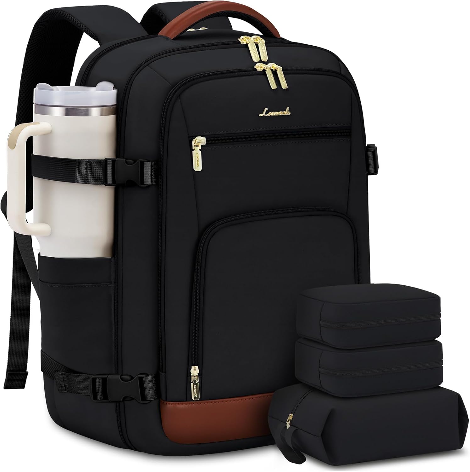 LOVEVOOK Travel Backpack For Women, 40L Carry On Backpack Flight Approved, TSA Personal Item Travel Bag Fits 17 Inch Laptop, Business Weekender Overnight Waterproof Daypack With 2 Cubes, Grey-Pink