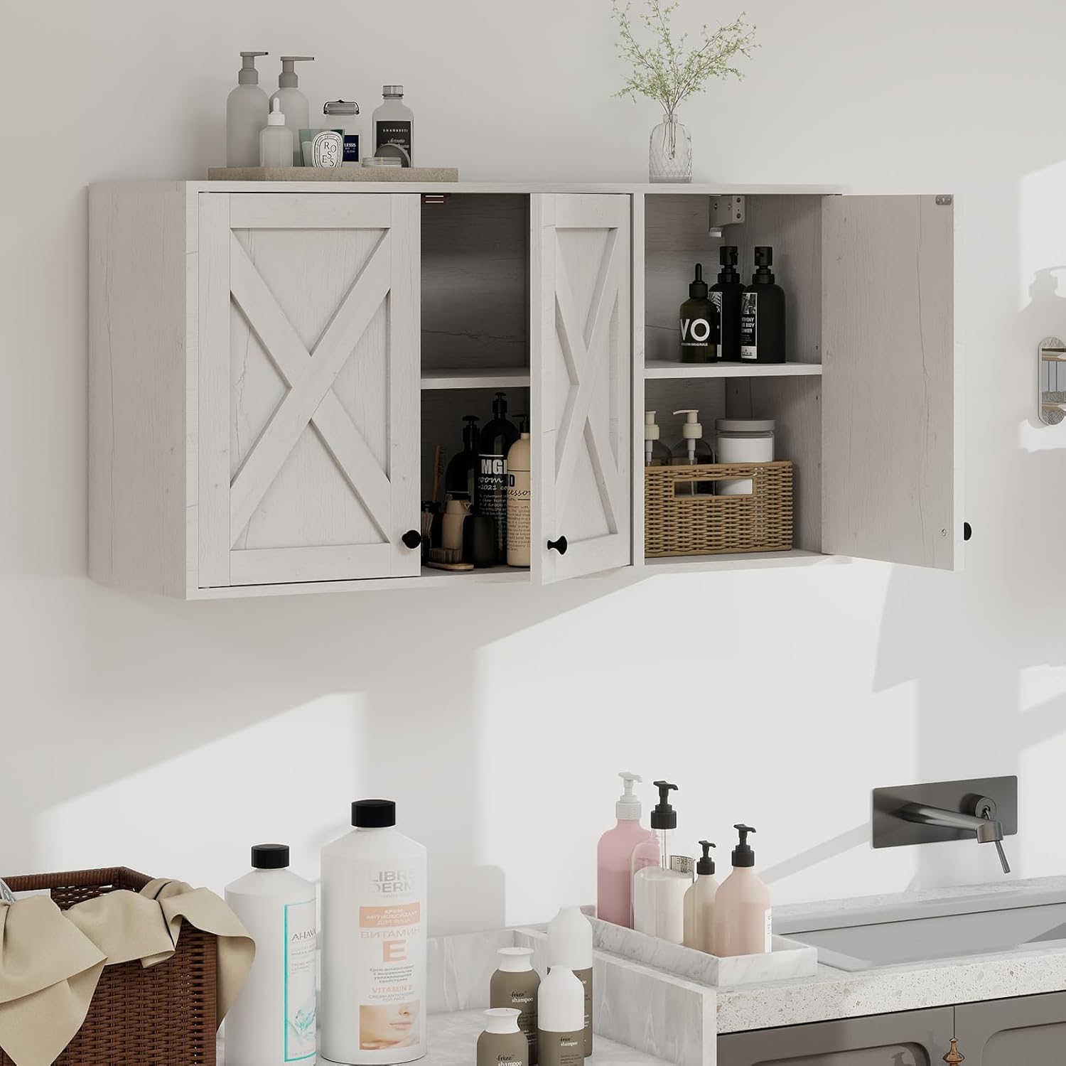 YOURLITE Laundry Cabinet, Medicine Cabinet, Bathroom Kitchen Storage Wall Mounted Farmhouse Organizer with Shelves Over Toilet, One Set of 2 Pieces X 24