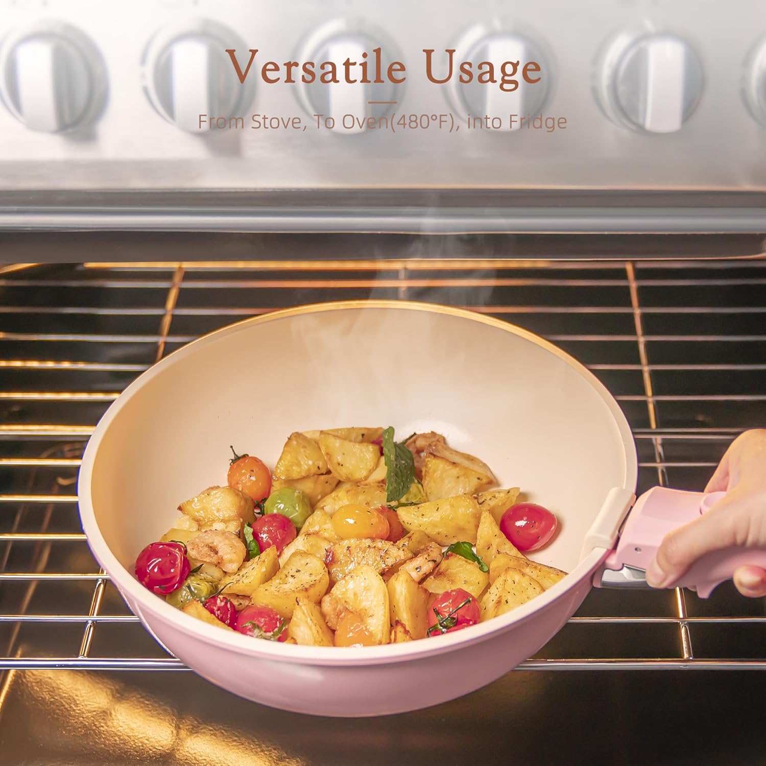 Astercook 21 Pcs Pots and Pans Non Stick Ceramic Cookware Set, Detachable Handles, RV Kitchen Cooking Set, Oven Safe, Induction Ready, Stackable, Pink