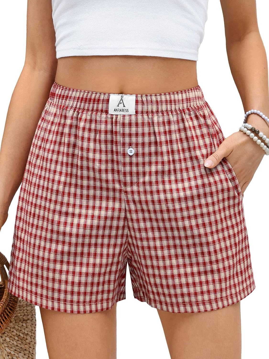 ANRABESS Boxer Shorts for Women Gingham Pajama 2026 Summer Casual Lounge Sleep Plaid Shorts Y2K Beach Bottoms