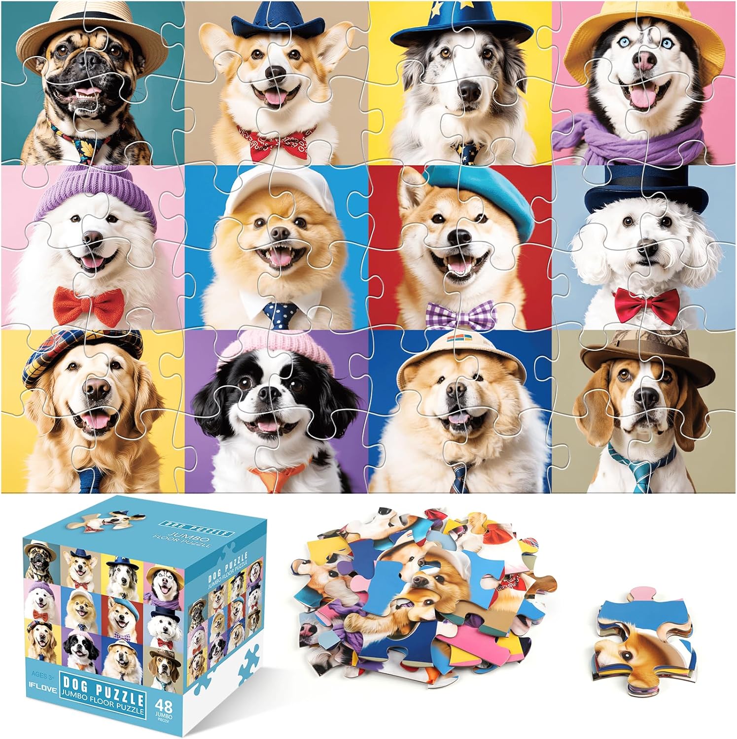 Jumbo Floor Puzzle for Kids,48 Piece Funny Dog Jigsaw Puzzles,Learning Educational Toys for Toddlers Ages 3-5,Puppy Theme Puzzles Children Gift for Boy Girl Ages 4-8