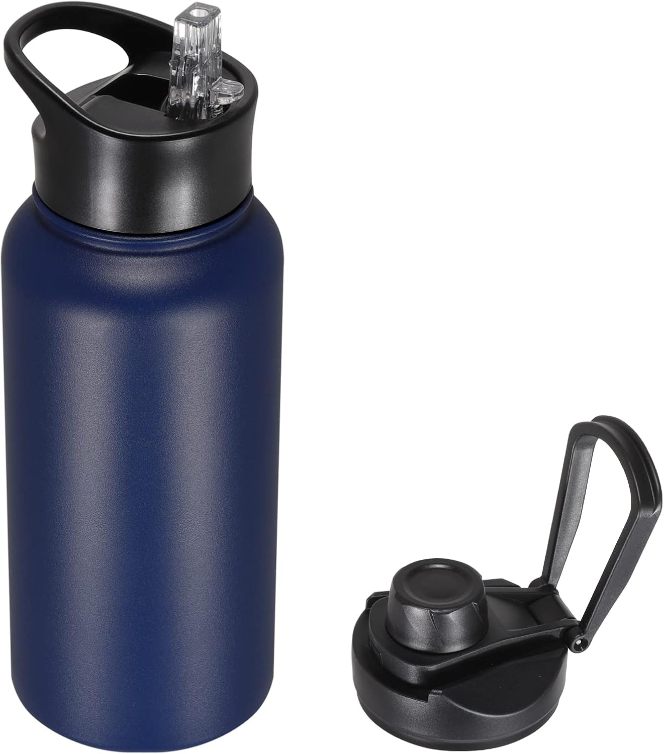 40 oz Insulated Water Bottle with Straw, Stainless Steel Sports Water Bottles with 2 Lids (Straw and Wide Mouth lid), Double Wall Vacuum, Leakproof, BPA-Free, Black