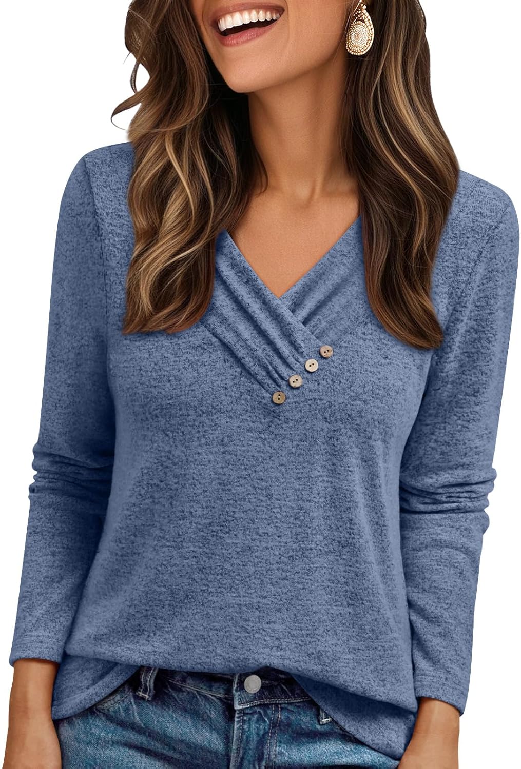 AUTOMET Womens Long Sleeve Tunic Top V Neck Button Shirts 2026 Dressy Casual Business Blouses