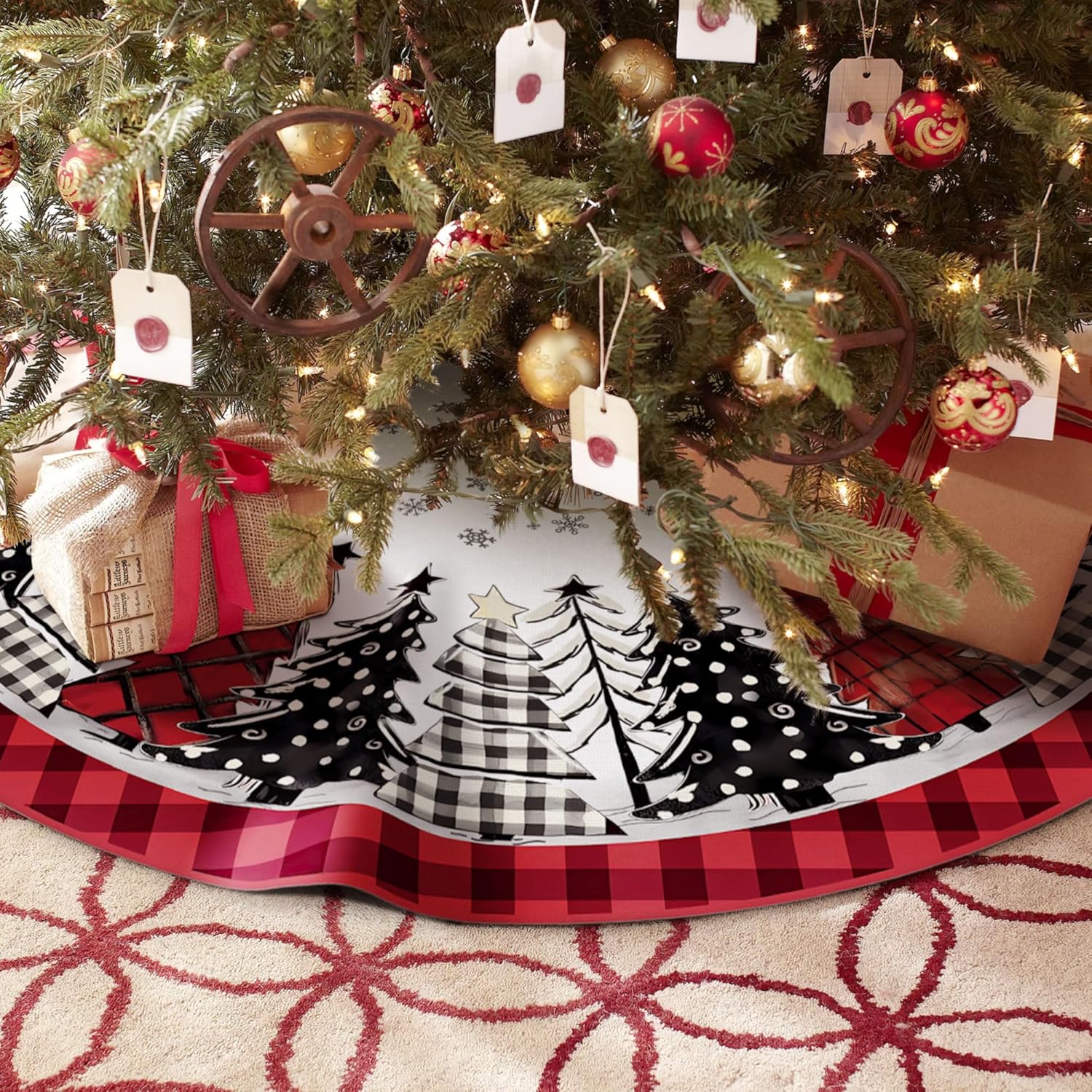 Christmas Tree Skirt 48 Inch, Red and Black Buffalo Plaid Xmas Tree Skirt, Winter Christmas Tree Mat for Home Party Holiday Indoor Outdoor Decorations