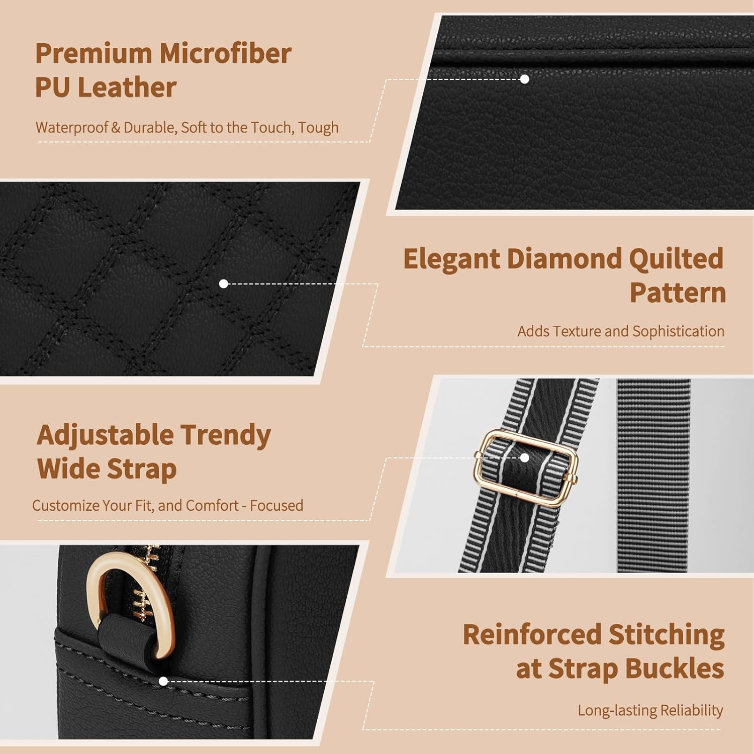 FYY Small Crossbody Bags for Women Quilted Vegan Leather Crossbody Purses for Women Travel with Adjustable Shoulder Strap