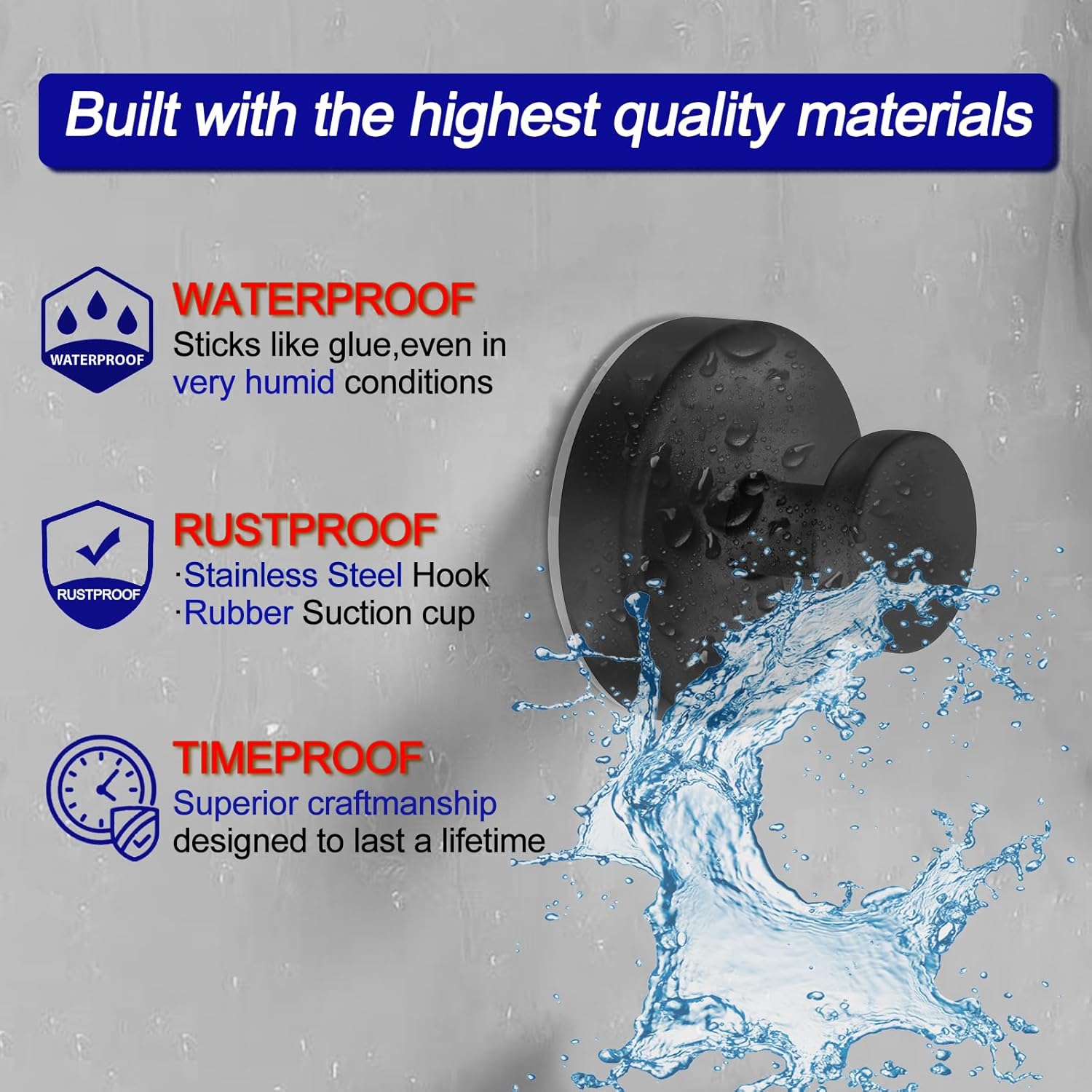 Suction Cup Hooks for Shower, Removable Towel Hooks for Bathroom Window Glass Door Wall, Bath Robe Looafh Hook for Hanging - 4 Pack, Black